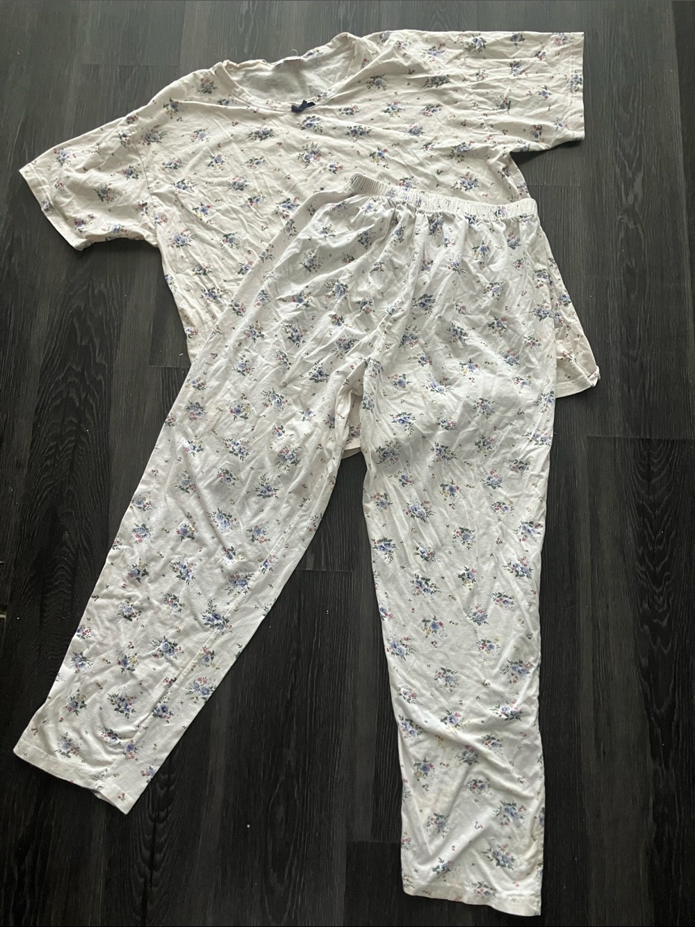 Vintage 90s Light Cotton Two Piece Pajama Set Pink & Blue Micro Floral AS IS